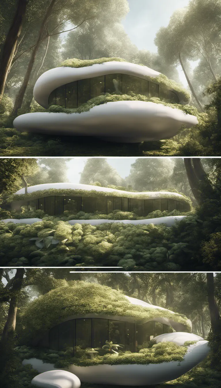 Beautiful futuristic organic house made from imaginary plants in a forest, 8k, Award-Winning, Highly Detailed, Beautiful, Epic, Octane Render, Unreal Engine, Radiant, Volumetric Lighting by Greg Rutkowski