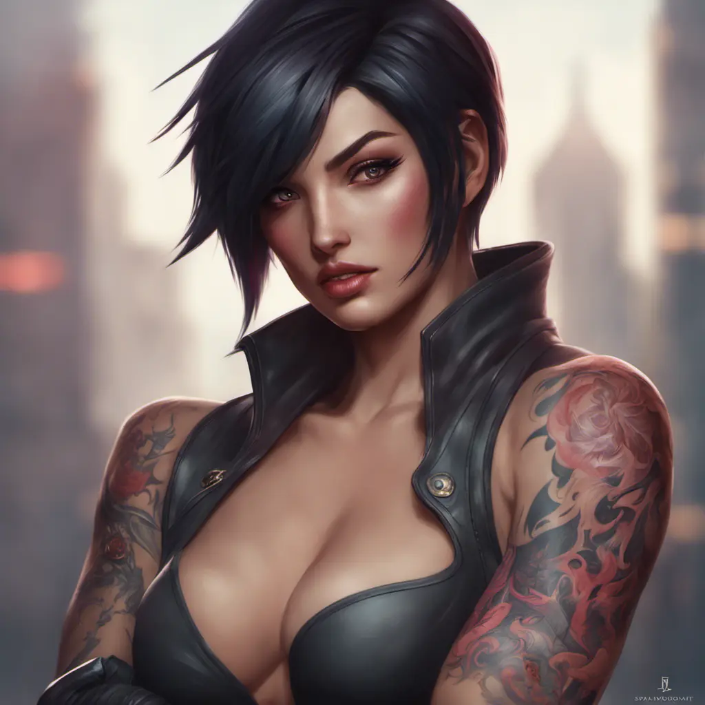 Matte portrait of Fiora with tattoos, 8k, Highly Detailed, Alluring, Artstation, Bokeh effect, Sharp Focus, Volumetric Lighting, Concept Art by Stanley Artgerm Lau, Greg Rutkowski