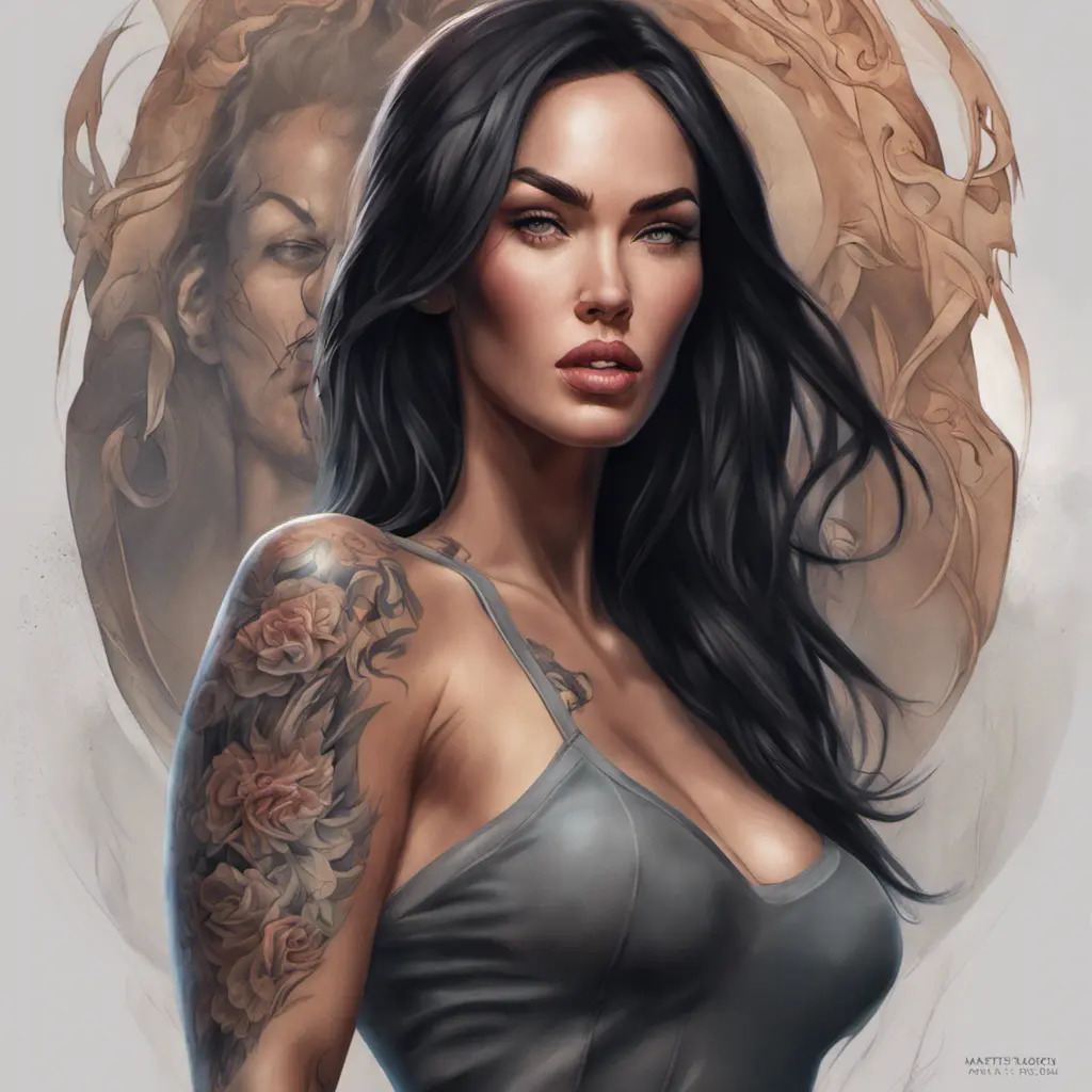 Matte portrait of Megan Fox with tattoos, 8k, Highly Detailed, Powerful, Alluring, Artstation, Magical, Digital Painting, Photo Realistic, Sharp Focus, Volumetric Lighting, Concept Art by Stanley Artgerm Lau, Alphonse Mucha, Greg Rutkowski