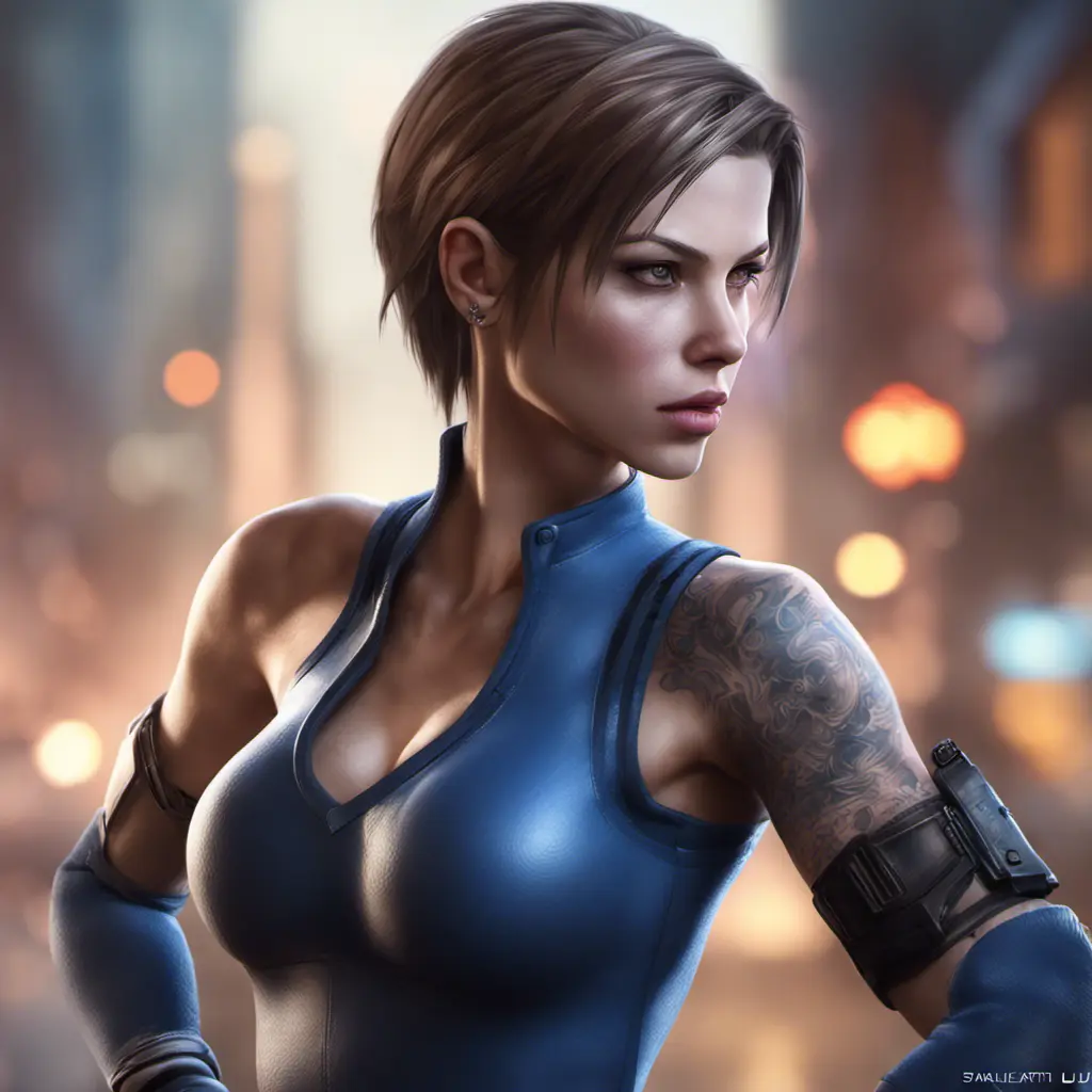 Matte portrait of Jill Valentine with tattoos, 8k, Highly Detailed, Alluring, Artstation, Bokeh effect, Sharp Focus, Volumetric Lighting, Concept Art by Stanley Artgerm Lau, Greg Rutkowski