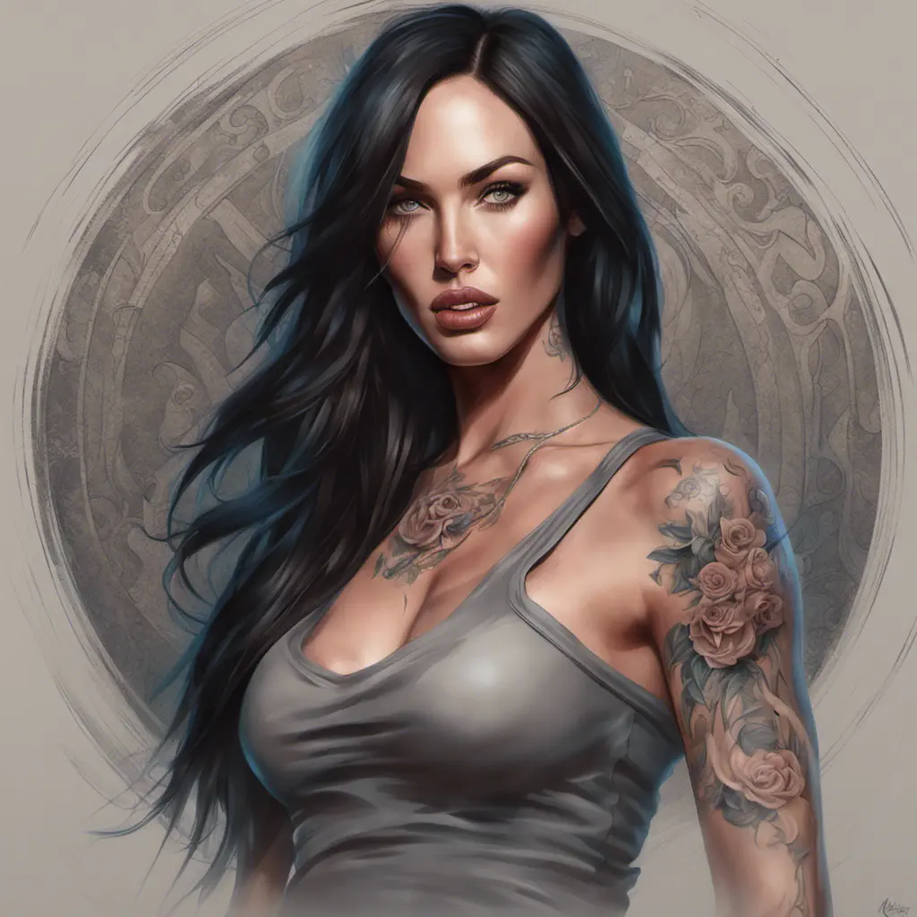 Matte portrait of Megan Fox with tattoos, 8k, Highly Detailed, Powerful, Alluring, Artstation, Magical, Digital Painting, Photo Realistic, Sharp Focus, Volumetric Lighting, Concept Art by Stanley Artgerm Lau, Alphonse Mucha, Greg Rutkowski