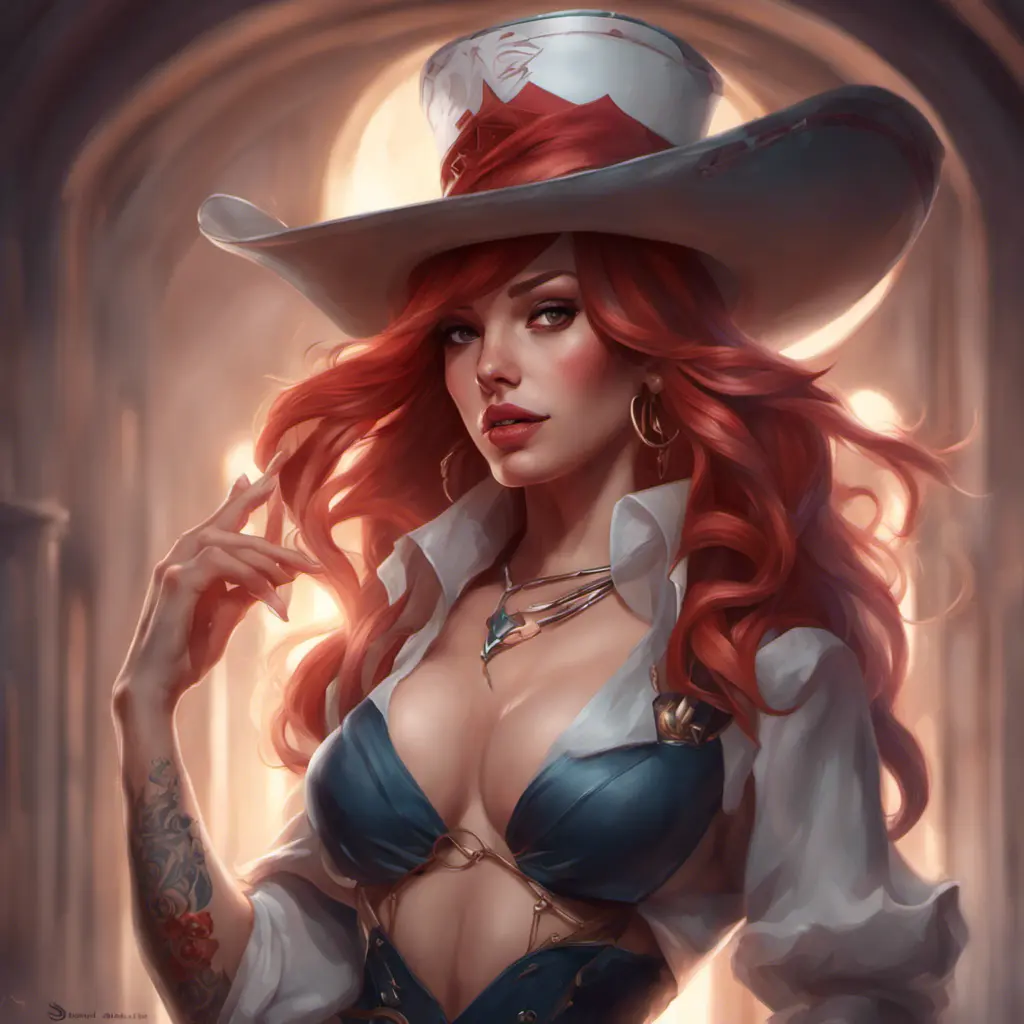 Matte portrait of Miss Fortune with tattoos, 8k, Highly Detailed, Alluring, Artstation, Magical, Digital Painting, Volumetric Lighting, Concept Art by Stanley Artgerm Lau, Alphonse Mucha, Greg Rutkowski