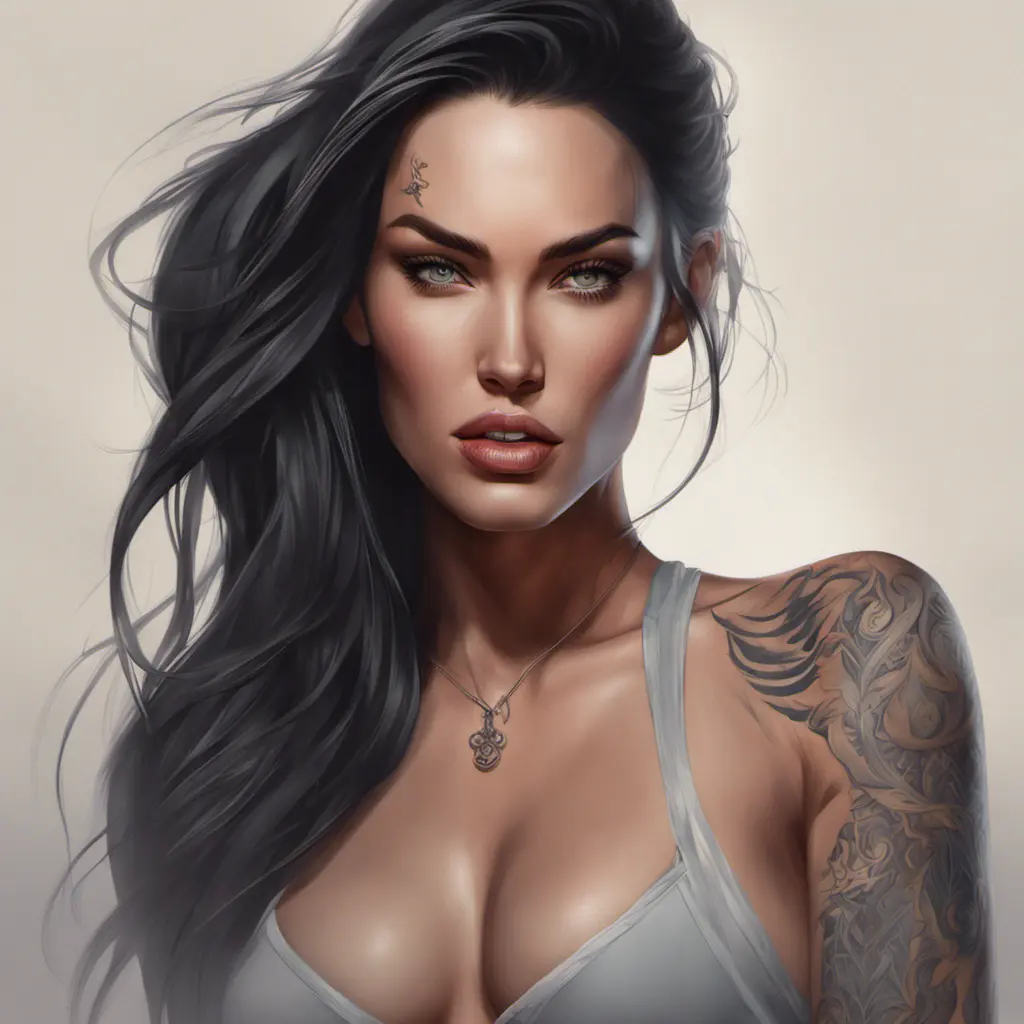 Matte portrait of Megan Fox with tattoos, 8k, Highly Detailed, Powerful, Alluring, Artstation, Magical, Digital Painting, Photo Realistic, Sharp Focus, Volumetric Lighting, Concept Art by Stanley Artgerm Lau, Alphonse Mucha, Greg Rutkowski