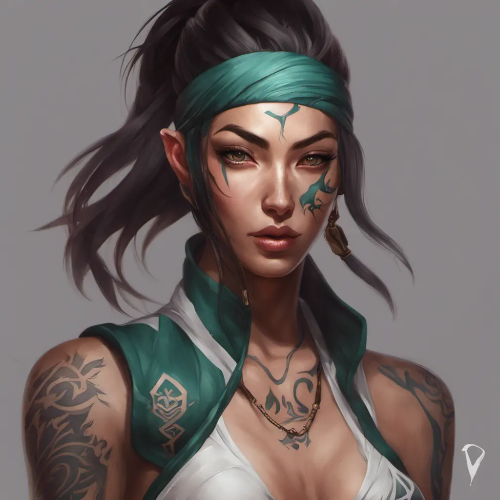 Matte portrait of Akali with tattoos, 8k, Highly Detailed, Powerful, Alluring, Artstation, Magical, Digital Painting, Photo Realistic, Sharp Focus, Volumetric Lighting, Concept Art by Stanley Artgerm Lau, Alphonse Mucha, Greg Rutkowski