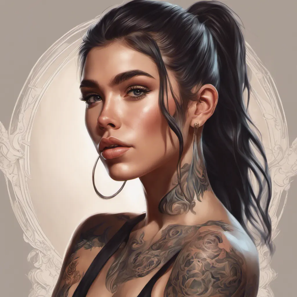 Matte portrait of Madison Beer with tattoos, 8k, Highly Detailed, Powerful, Alluring, Artstation, Magical, Digital Painting, Photo Realistic, Sharp Focus, Volumetric Lighting, Concept Art by Stanley Artgerm Lau, Alphonse Mucha, Greg Rutkowski