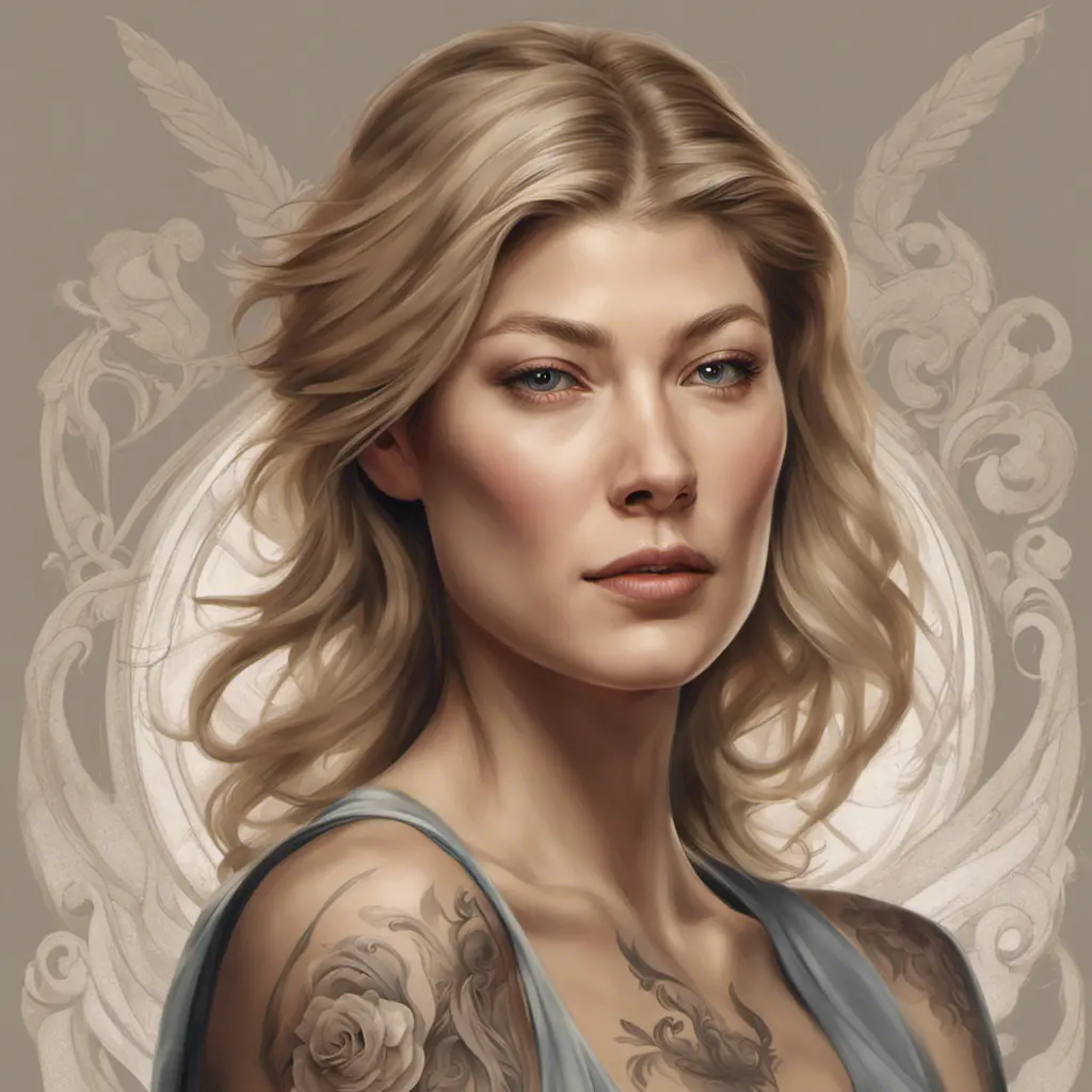 Matte portrait of Rosamund Pike with tattoos, 8k, Highly Detailed, Powerful, Alluring, Artstation, Magical, Digital Painting, Photo Realistic, Sharp Focus, Volumetric Lighting, Concept Art by Stanley Artgerm Lau, Alphonse Mucha, Greg Rutkowski