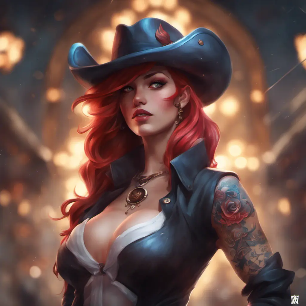 Matte portrait of Miss Fortune with tattoos, 8k, Highly Detailed, Alluring, Artstation, Bokeh effect, Sharp Focus, Volumetric Lighting, Concept Art by Stanley Artgerm Lau, Greg Rutkowski