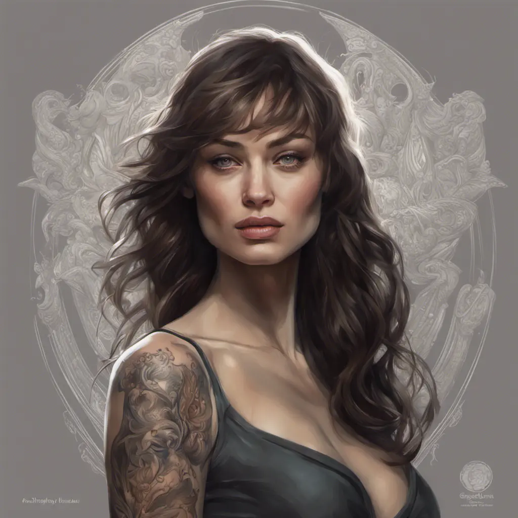 Matte portrait of Olga Kurylenko with tattoos, 8k, Highly Detailed, Powerful, Alluring, Artstation, Magical, Digital Painting, Photo Realistic, Sharp Focus, Volumetric Lighting, Concept Art by Stanley Artgerm Lau, Alphonse Mucha, Greg Rutkowski