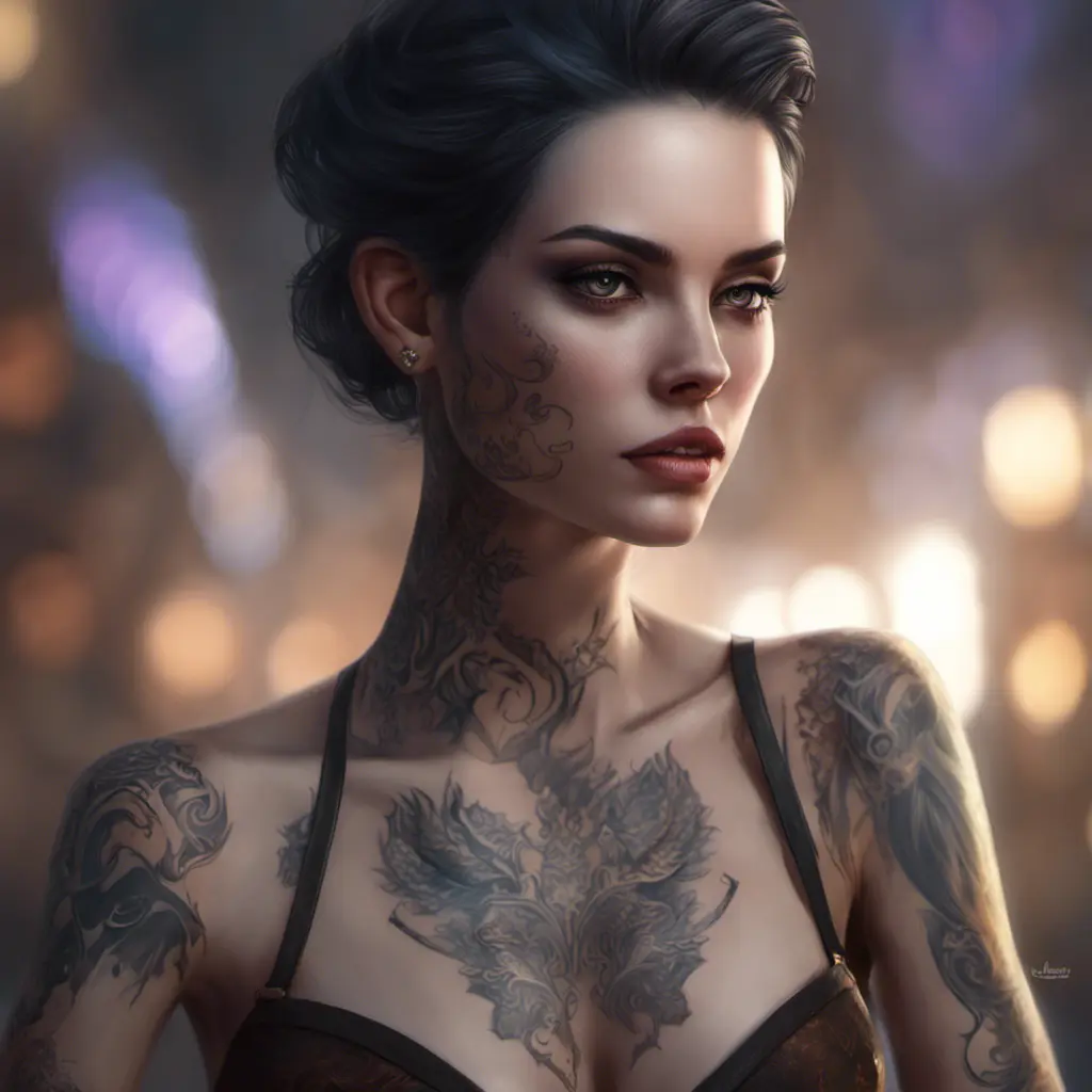 Matte portrait of Morgana with tattoos, 8k, Highly Detailed, Alluring, Artstation, Bokeh effect, Sharp Focus, Volumetric Lighting, Concept Art by Stanley Artgerm Lau, Greg Rutkowski