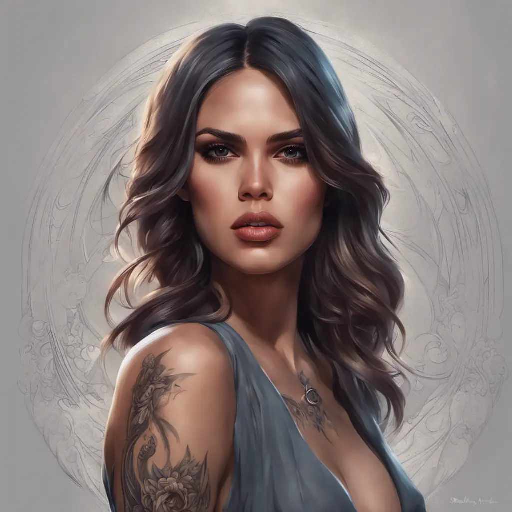 Matte portrait of Eiza González with tattoos, 8k, Highly Detailed, Powerful, Alluring, Artstation, Magical, Digital Painting, Photo Realistic, Sharp Focus, Volumetric Lighting, Concept Art by Stanley Artgerm Lau, Alphonse Mucha, Greg Rutkowski