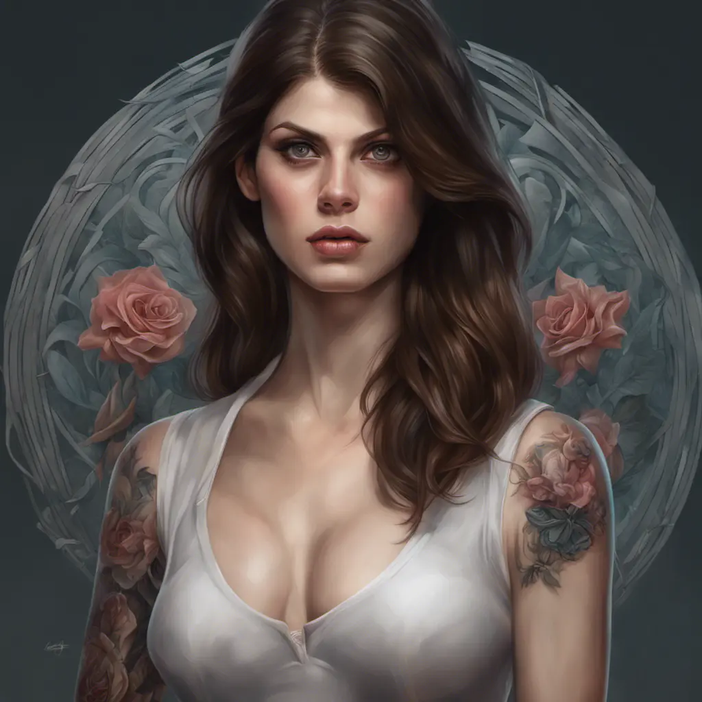 Matte portrait of Alexandra Daddario with tattoos, 8k, Highly Detailed, Powerful, Alluring, Artstation, Magical, Digital Painting, Photo Realistic, Sharp Focus, Volumetric Lighting, Concept Art by Stanley Artgerm Lau, Alphonse Mucha, Greg Rutkowski