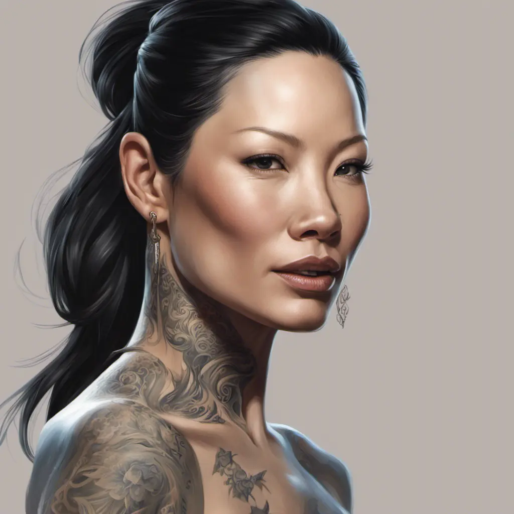 Matte portrait of Lucy Liu with tattoos, 8k, Highly Detailed, Powerful, Alluring, Artstation, Magical, Digital Painting, Photo Realistic, Sharp Focus, Volumetric Lighting, Concept Art by Stanley Artgerm Lau, Alphonse Mucha, Greg Rutkowski