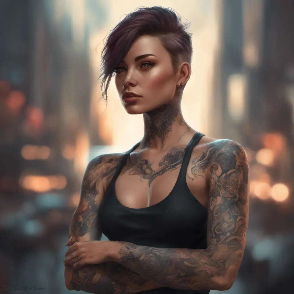 Matte portrait of A2 with tattoos, 8k, Highly Detailed, Alluring, Artstation, Bokeh effect, Sharp Focus, Volumetric Lighting, Concept Art by Stanley Artgerm Lau, Greg Rutkowski