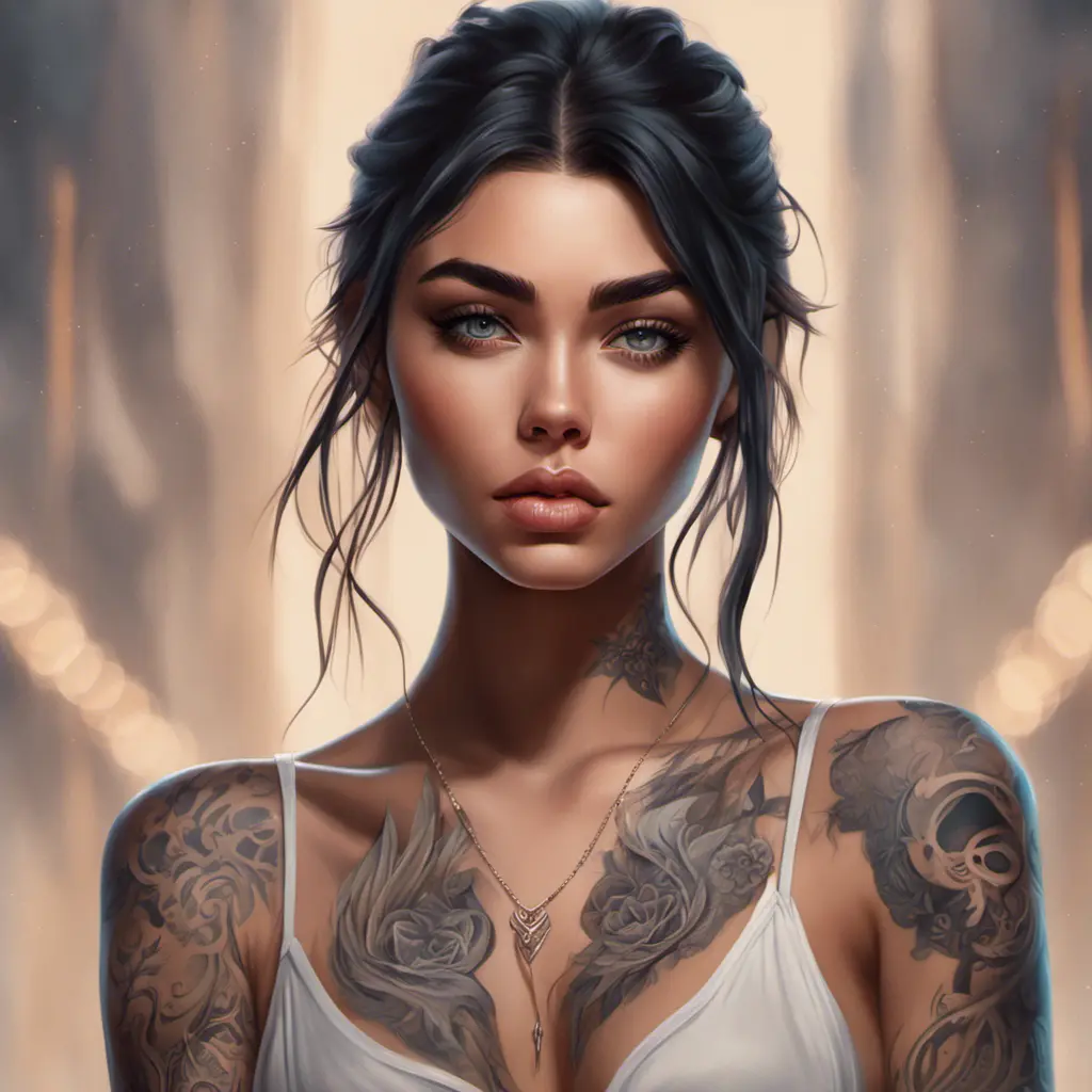 Matte portrait of Madison Beer with tattoos, 8k, Highly Detailed, Powerful, Alluring, Artstation, Magical, Digital Painting, Photo Realistic, Sharp Focus, Volumetric Lighting, Concept Art by Stanley Artgerm Lau, Alphonse Mucha, Greg Rutkowski