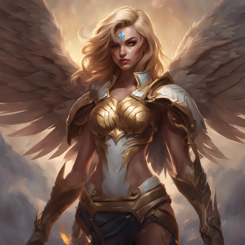 Matte portrait of Kayle from League of Legends with tattoos, 8k, Highly Detailed, Powerful, Alluring, Artstation, Magical, Digital Painting, Photo Realistic, Sharp Focus, Volumetric Lighting, Concept Art by Stanley Artgerm Lau, Greg Rutkowski