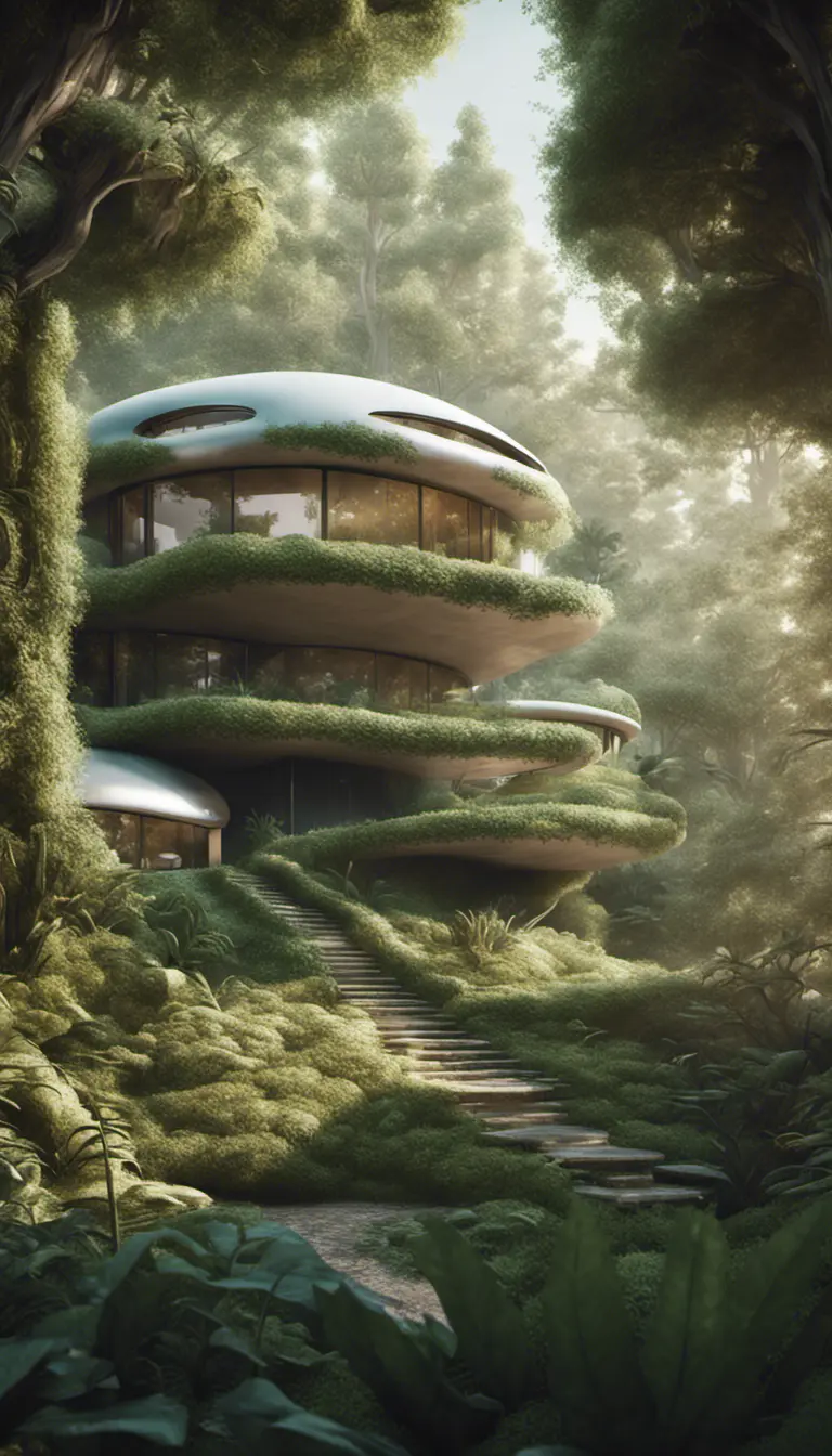 Beautiful futuristic organic house made from imaginary plants in a forest, 8k, Award-Winning, Highly Detailed, Beautiful, Epic, Octane Render, Unreal Engine, Radiant, Volumetric Lighting by Greg Rutkowski