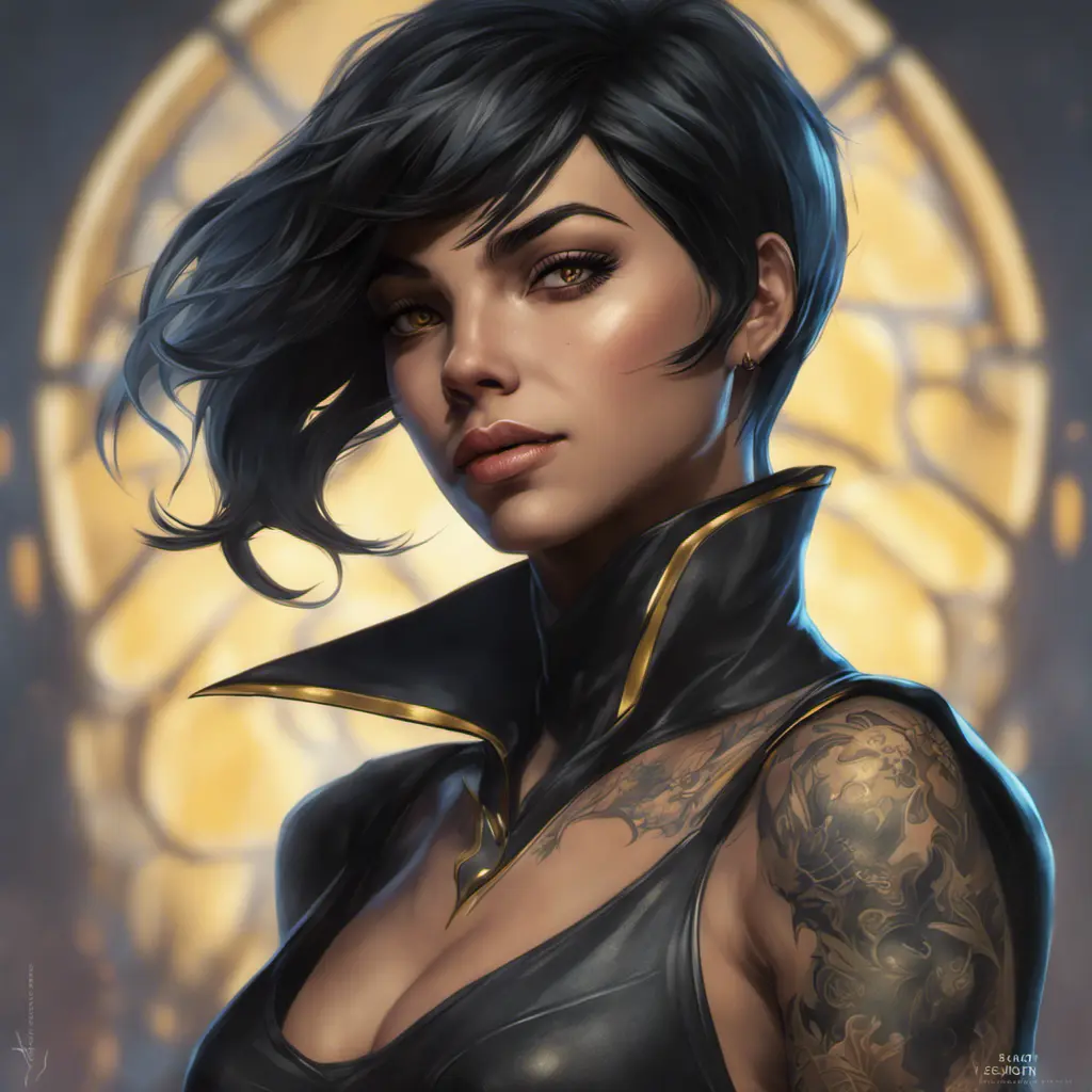 Matte portrait of Cassandra Cain with tattoos, 8k, Highly Detailed, Alluring, Artstation, Bokeh effect, Sharp Focus, Volumetric Lighting, Concept Art by Stanley Artgerm Lau, Alphonse Mucha, Greg Rutkowski