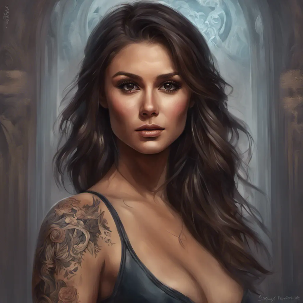 Matte portrait of Nina Dobrev with tattoos, 8k, Highly Detailed, Powerful, Alluring, Artstation, Magical, Digital Painting, Photo Realistic, Sharp Focus, Volumetric Lighting, Concept Art by Stanley Artgerm Lau, Alphonse Mucha, Greg Rutkowski