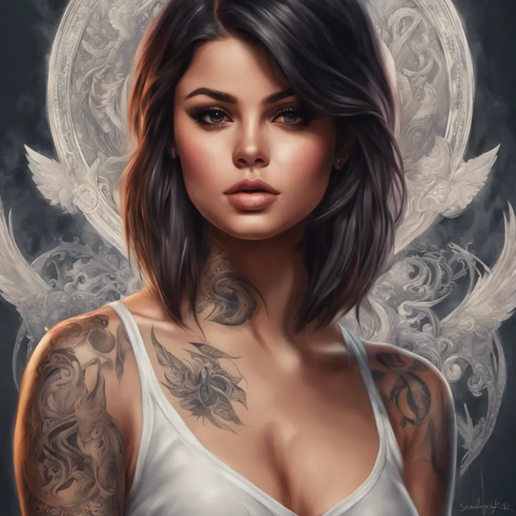 Matte portrait of Selena Gomez with tattoos, 8k, Highly Detailed, Powerful, Alluring, Artstation, Magical, Digital Painting, Photo Realistic, Sharp Focus, Volumetric Lighting, Concept Art by Stanley Artgerm Lau, Alphonse Mucha, Greg Rutkowski