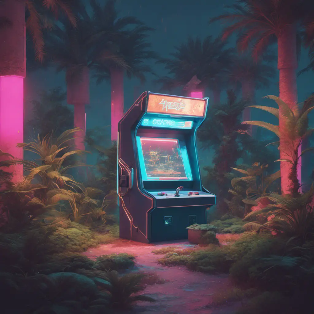 80s futuristic outdoor retro arcade, desolate, lush vegetation, Highly Detailed, Intricate, Artstation, Sharp Focus, Smooth, Octane Render, Centered, Dynamic, Elegant by Beeple, Justin Gerard, James Gilleard, Simon Stalenhag