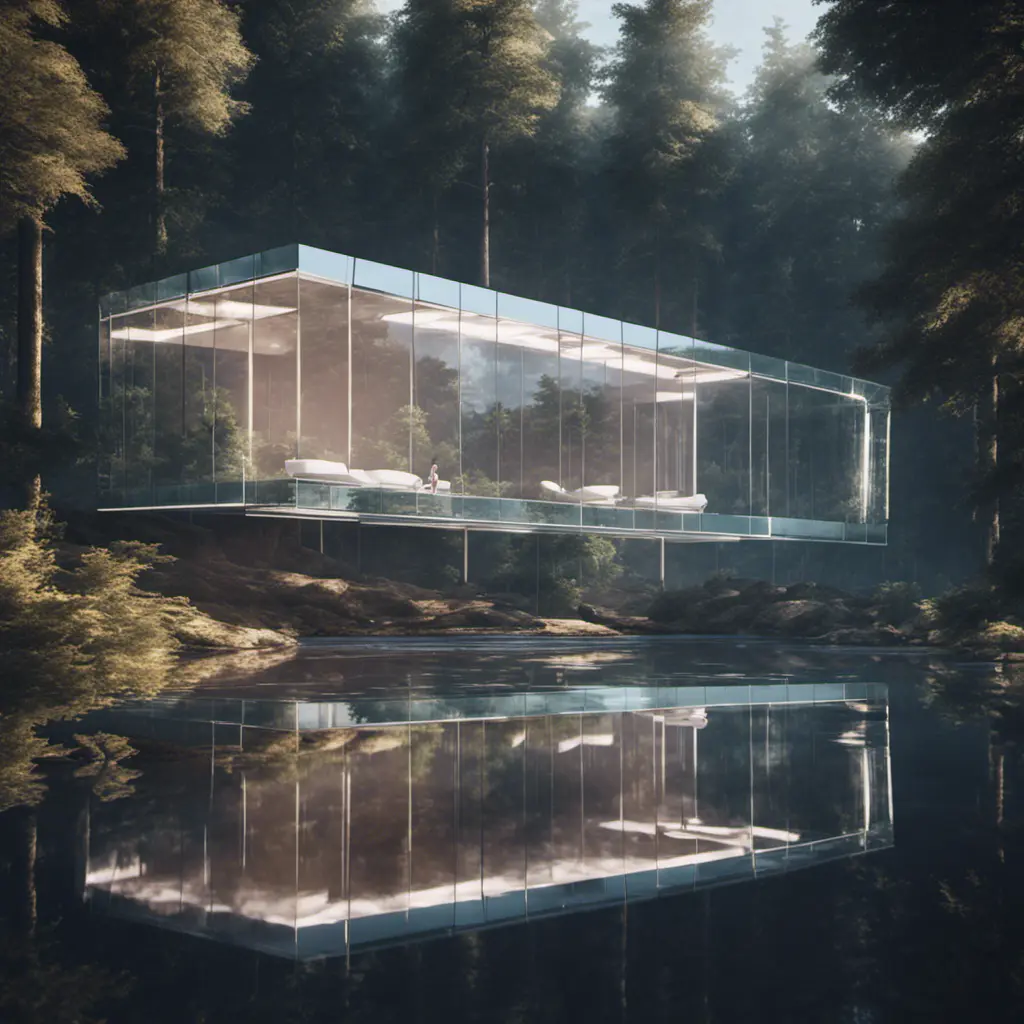 Beautiful futuristic architectural glass house in the forest on a large lake, 8k, Award-Winning, Highly Detailed, Beautiful, Epic, Octane Render, Unreal Engine, Radiant, Volumetric Lighting by Archillect