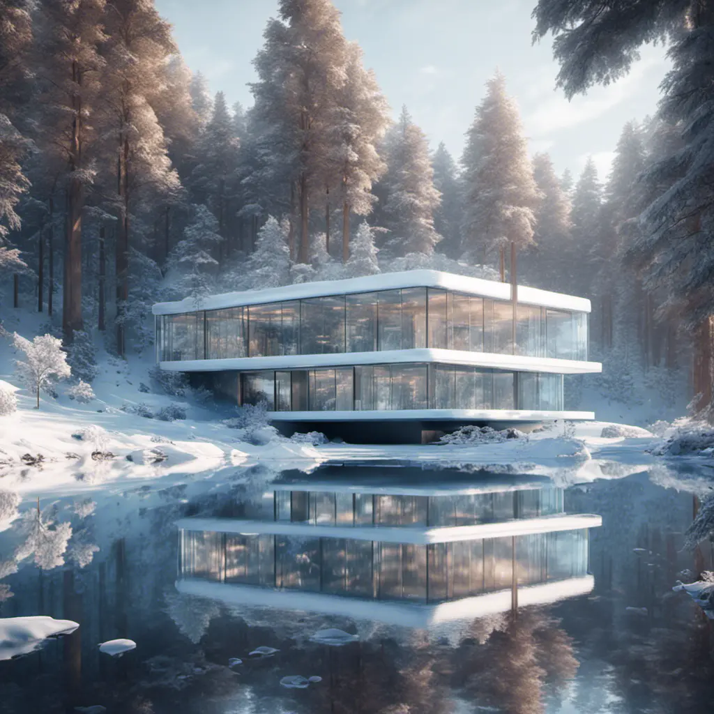 Beautiful futuristic architectural bright glass house in the forest on a giant frozen lake, 8k, Award-Winning, Highly Detailed, Beautiful, Epic, Octane Render, Unreal Engine, Radiant, Volumetric Lighting by Greg Rutkowski