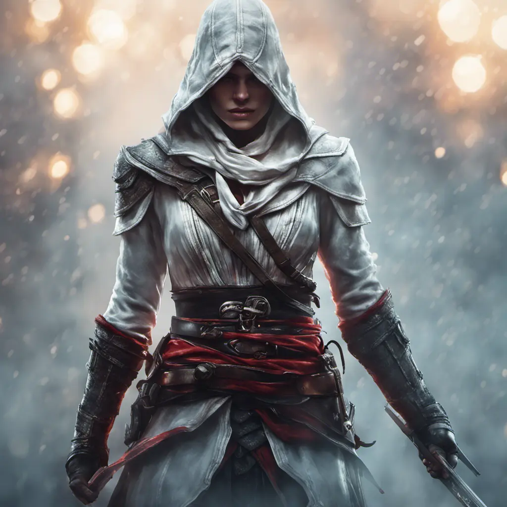 White hooded Assassin's Creed female assassin emerging from the fog of battle, 8k, Bokeh effect, Volumetric Lighting, Vibrant Colors, Fantasy, Dark by Greg Rutkowski, Stefan Kostic