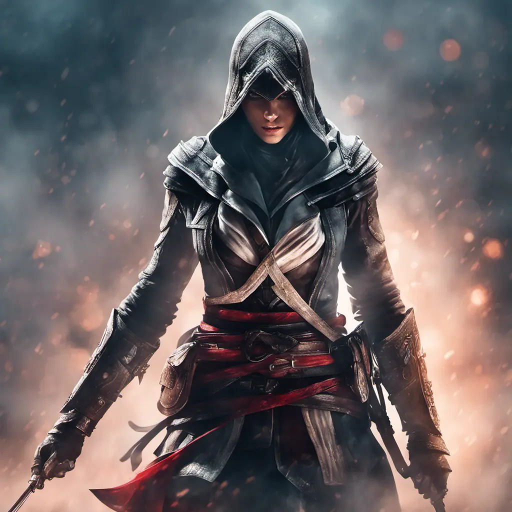 Assassin's Creed female assassin emerging from the fog of battle, 8k, Bokeh effect, Volumetric Lighting, Vibrant Colors, Fantasy, Dark by Stanley Artgerm Lau, Stefan Kostic