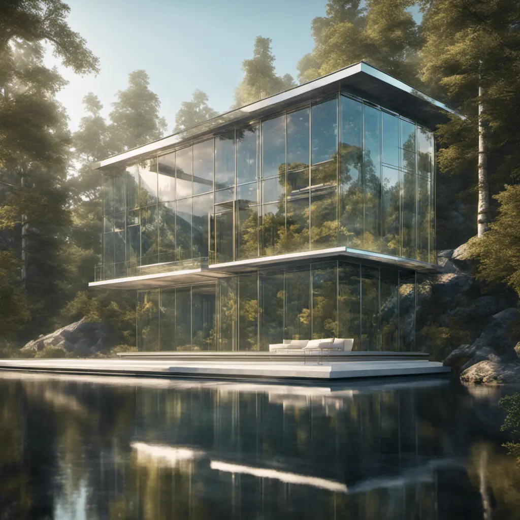 Beautiful futuristic architectural glass house in the forest on a large lake, 8k, Award-Winning, Highly Detailed, Beautiful, Epic, Octane Render, Unreal Engine, Radiant, Volumetric Lighting by Louis Comfort Tiffany