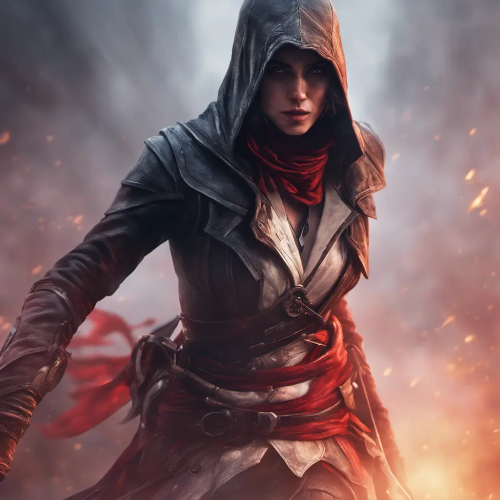 Assassin's Creed female assassin emerging from the fog of battle, 8k, Bokeh effect, Volumetric Lighting, Vibrant Colors, Fantasy, Dark by Stanley Artgerm Lau, Stefan Kostic