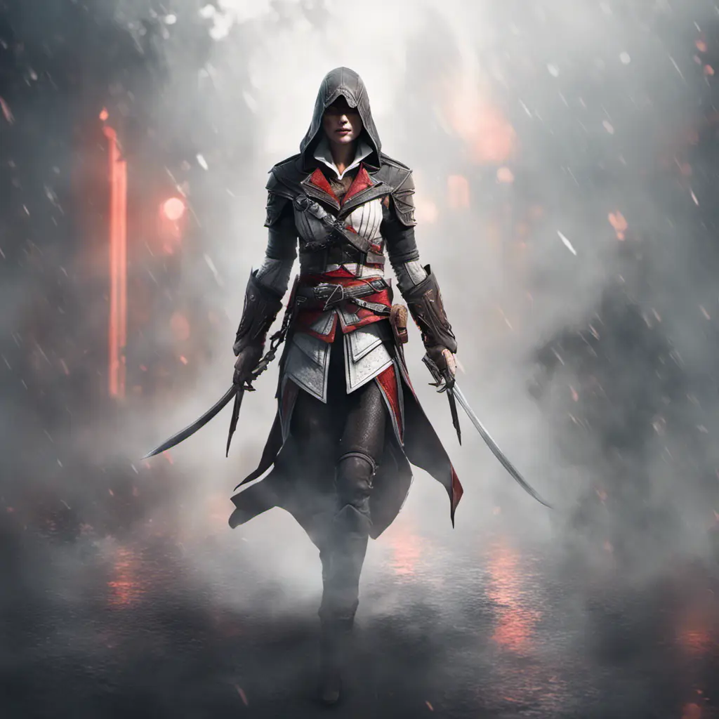 Assassin's Creed female assassin emerging from the fog of battle, 8k, Bokeh effect, Volumetric Lighting, Vibrant Colors, Fantasy, Dark by WLOP, Stefan Kostic