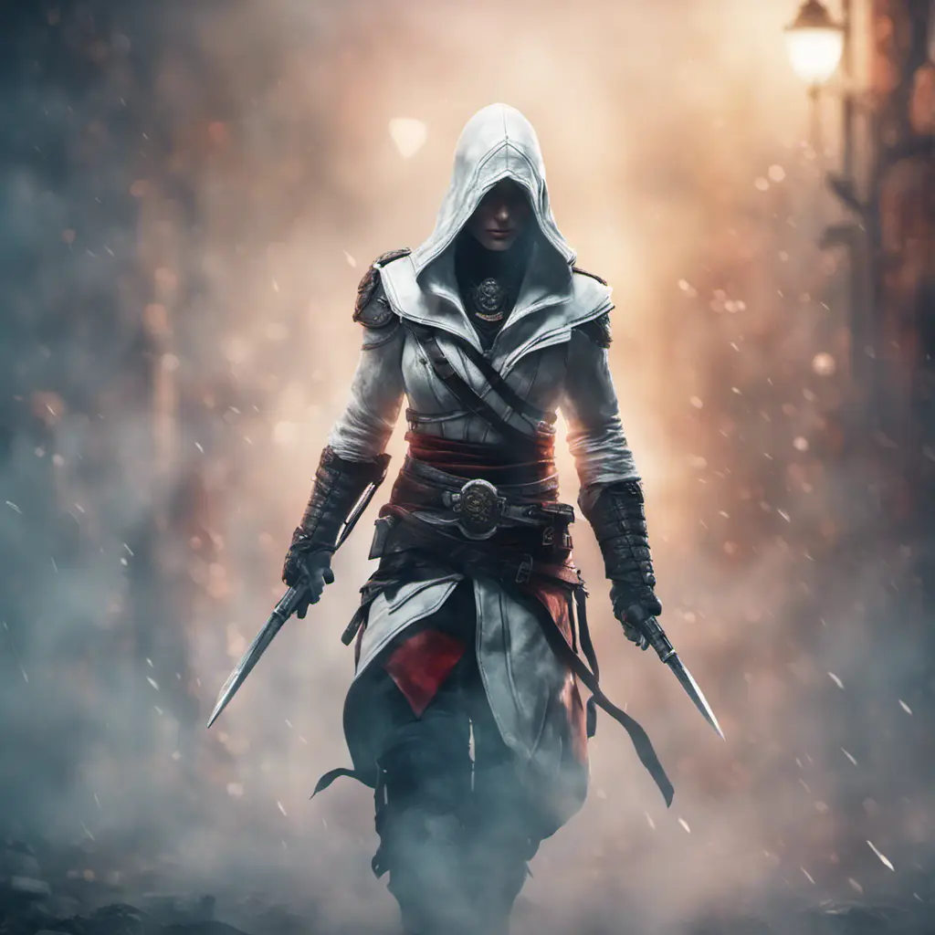 White hooded Assassin's Creed female assassin emerging from the fog of battle, 8k, Bokeh effect, Volumetric Lighting, Vibrant Colors, Fantasy, Dark by Greg Rutkowski, Stefan Kostic