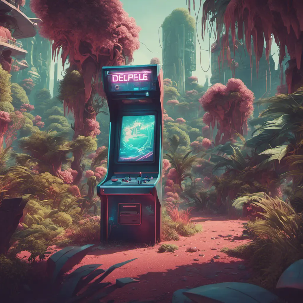 80s futuristic outdoor retro arcade, desolate, lush vegetation, Highly Detailed, Intricate, Artstation, Sharp Focus, Smooth, Octane Render, Centered, Dynamic, Elegant by Beeple, Justin Gerard, James Gilleard, Simon Stalenhag