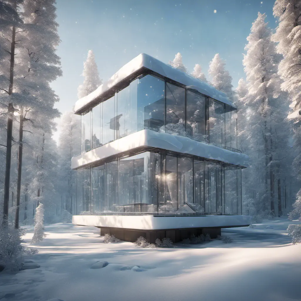 Beautiful futuristic architectural bright glass house in the forest on a giant frozen lake, 8k, Award-Winning, Highly Detailed, Beautiful, Epic, Octane Render, Unreal Engine, Radiant, Volumetric Lighting by Greg Rutkowski