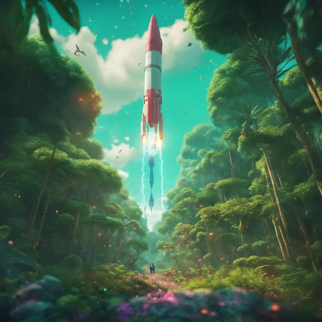 Studio ghibli, rocket explosion, jungle, solar, green technology, optimist future, 8k, Bokeh effect, Cinematic Lighting, Iridescence, Vibrant by Beeple, Greg Rutkowski, WLOP