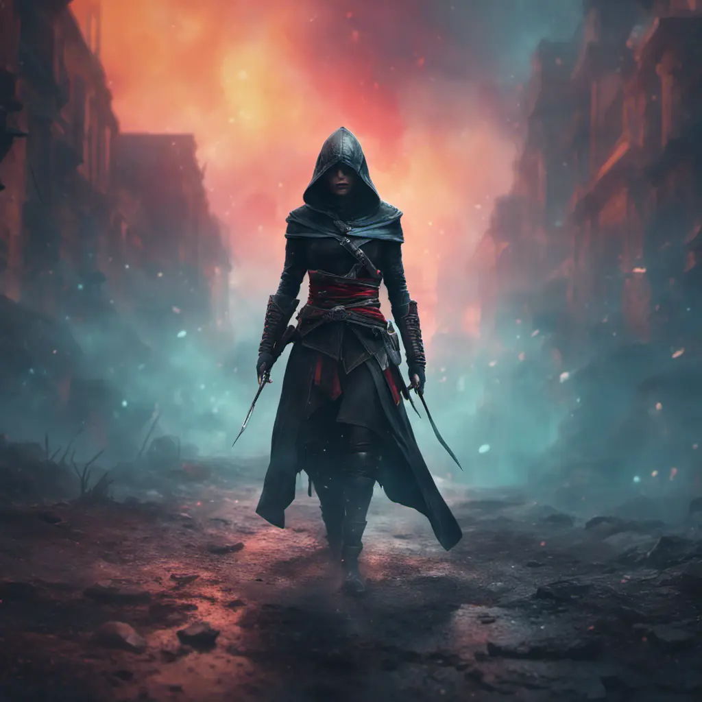 Black hooded Assassin's Creed female assassin emerging from the fog of battle, 8k, Bokeh effect, Volumetric Lighting, Vibrant Colors, Fantasy, Dark by Beeple, Stefan Kostic