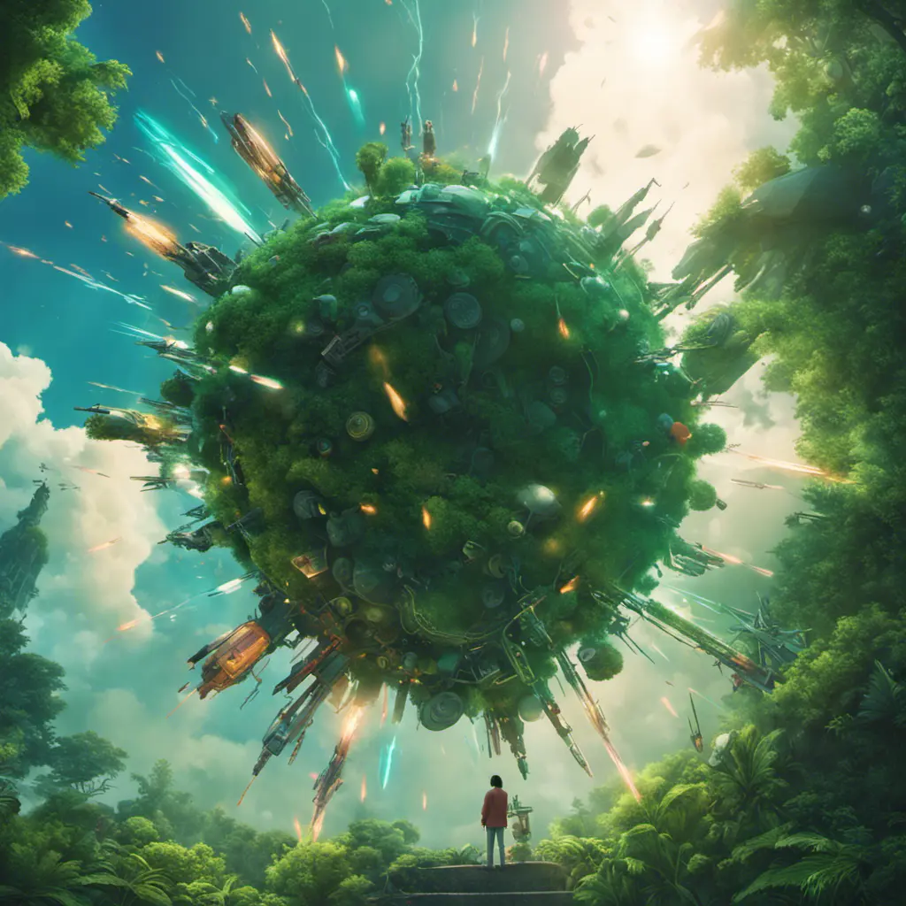 Studio ghibli, rocket explosion, jungle, solar, green technology, optimist future, 8k, Bokeh effect, Cinematic Lighting, Iridescence, Vibrant by Greg Rutkowski, WLOP