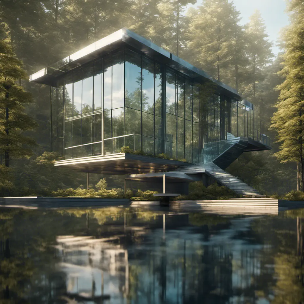 Beautiful futuristic architectural glass house in the forest on a large lake, 8k, Award-Winning, Highly Detailed, Beautiful, Epic, Octane Render, Unreal Engine, Radiant, Volumetric Lighting by Louis Comfort Tiffany