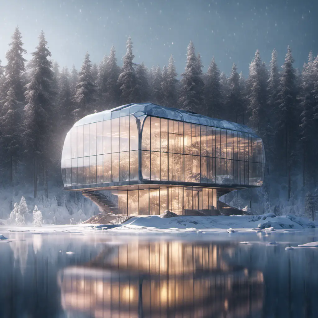 Beautiful futuristic architectural bright lit glass house in the forest on a large frozen lake, 8k, Award-Winning, Highly Detailed, Beautiful, Epic, Octane Render, Unreal Engine, Radiant, Volumetric Lighting by Greg Rutkowski