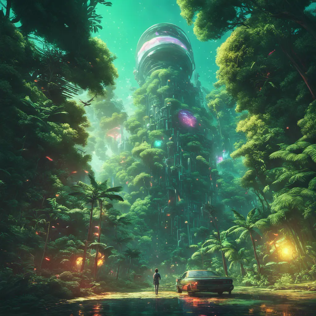 Studio ghibli, rocket explosion, jungle, solar, green technology, optimist future, 8k, Bokeh effect, Cinematic Lighting, Iridescence, Vibrant by Beeple, Dan Mumford, Greg Rutkowski, WLOP