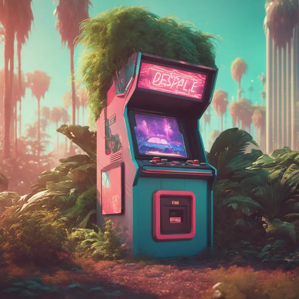 80s futuristic outdoor retro arcade, desolate, lush vegetation, Highly Detailed, Intricate, Artstation, Sharp Focus, Smooth, Octane Render, Centered, Dynamic, Elegant by Beeple, Justin Gerard, James Gilleard, Simon Stalenhag