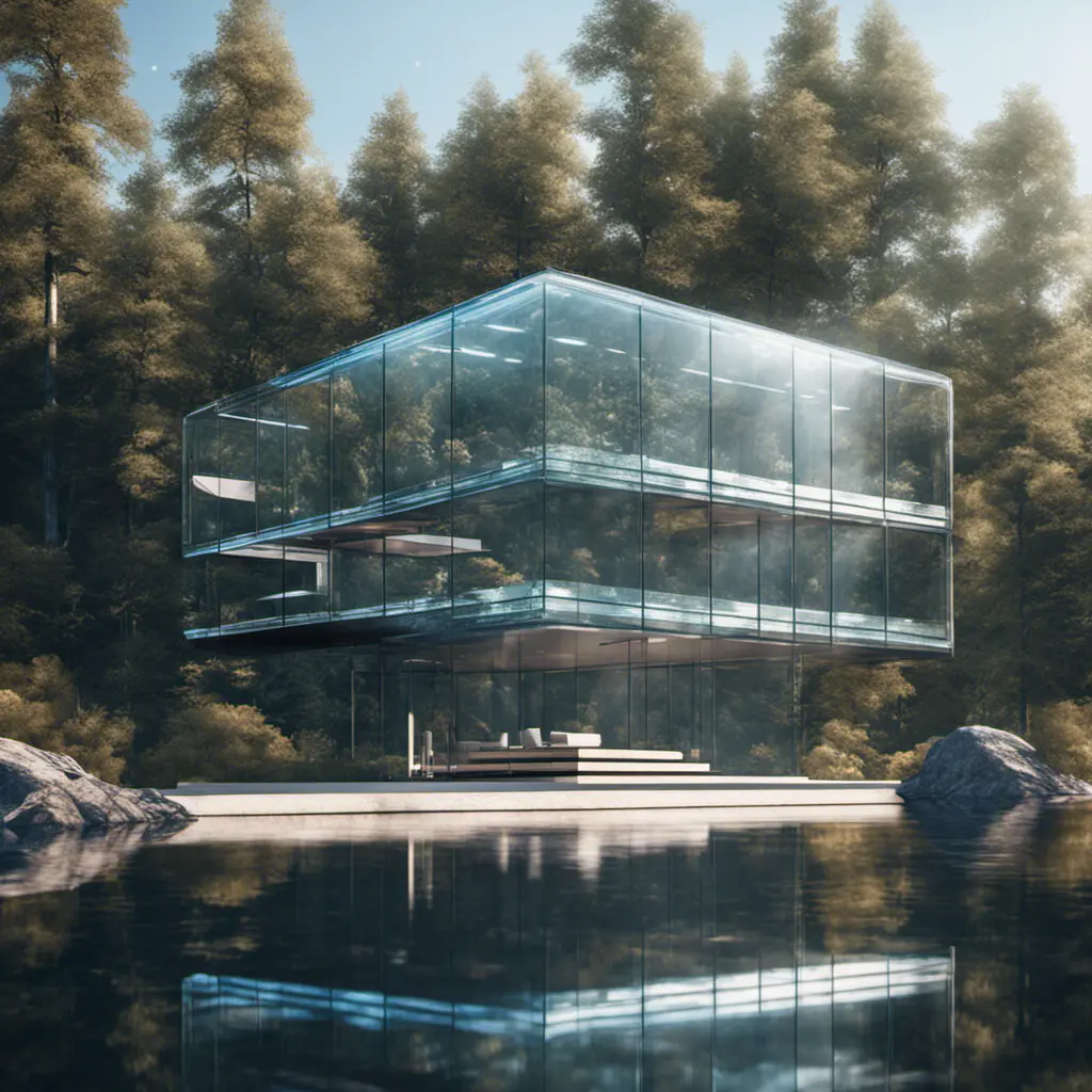 Beautiful futuristic architectural glass house in the forest on a large lake, 8k, Award-Winning, Highly Detailed, Beautiful, Epic, Octane Render, Unreal Engine, Radiant, Volumetric Lighting by Archillect