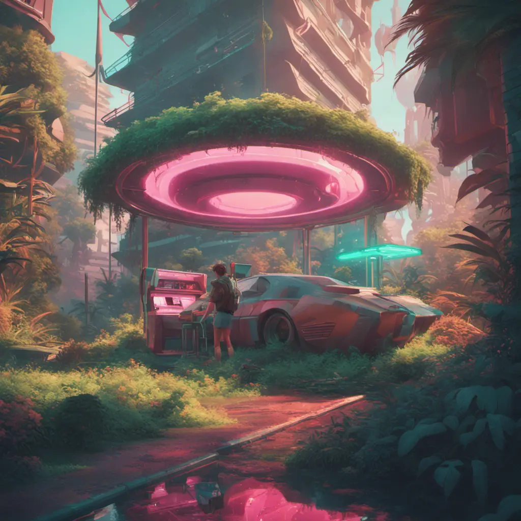 80s futuristic outdoor retro arcade, desolate, lush vegetation, Highly Detailed, Intricate, Artstation, Sharp Focus, Smooth, Octane Render, Centered, Dynamic, Elegant by Beeple, Justin Gerard, James Gilleard, Simon Stalenhag