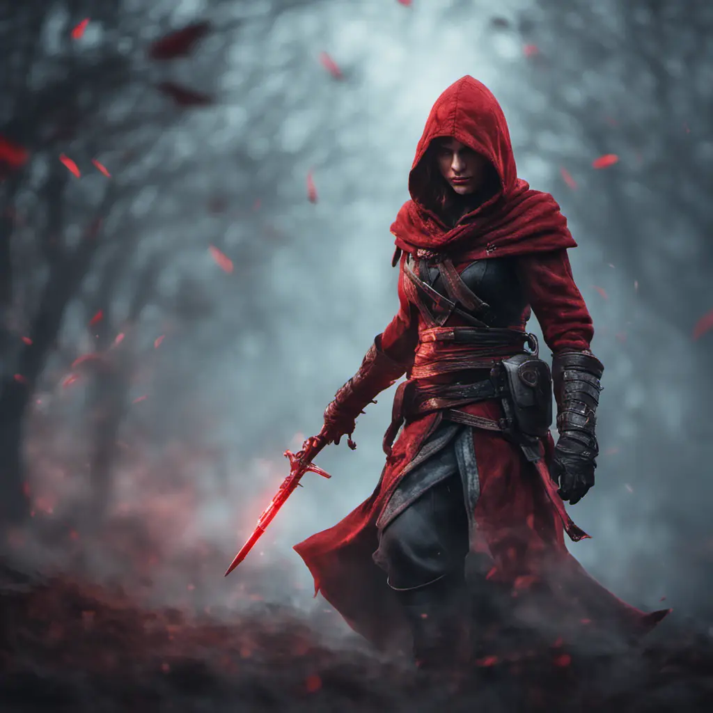 Red hooded Assassin's Creed female assassin emerging from the fog of battle, 8k, Bokeh effect, Volumetric Lighting, Vibrant Colors, Fantasy, Dark by Stefan Kostic