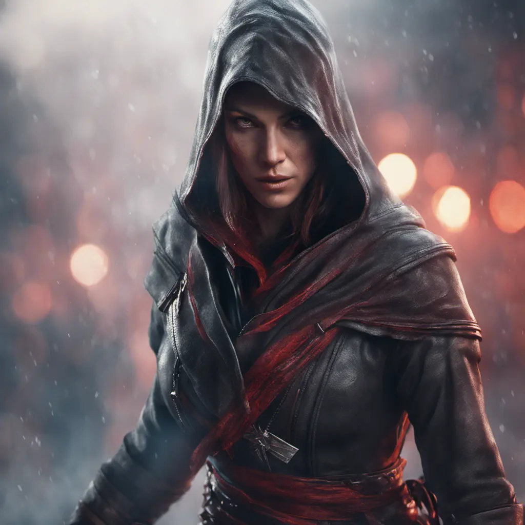 Assassin's Creed female assassin emerging from the fog of battle, 8k, Bokeh effect, Volumetric Lighting, Vibrant Colors, Fantasy, Dark by Stanley Artgerm Lau, Stefan Kostic