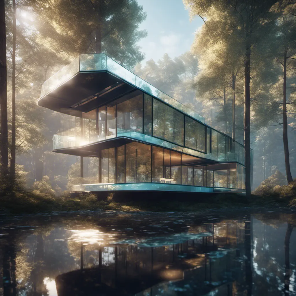 Beautiful futuristic architectural glass house in the forest on a large lake, 8k, Award-Winning, Highly Detailed, Beautiful, Epic, Octane Render, Unreal Engine, Radiant, Volumetric Lighting by Archillect