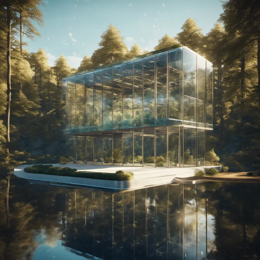 Beautiful futuristic architectural glass house in the forest on a large lake, 8k, Award-Winning, Highly Detailed, Beautiful, Epic, Octane Render, Unreal Engine, Radiant, Volumetric Lighting by Louis Comfort Tiffany