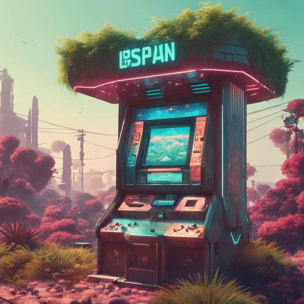 80s futuristic outdoor retro arcade, desolate, lush vegetation, Highly Detailed, Intricate, Artstation, Sharp Focus, Smooth, Octane Render, Centered, Dynamic, Elegant by Beeple, Justin Gerard, James Gilleard, Simon Stalenhag