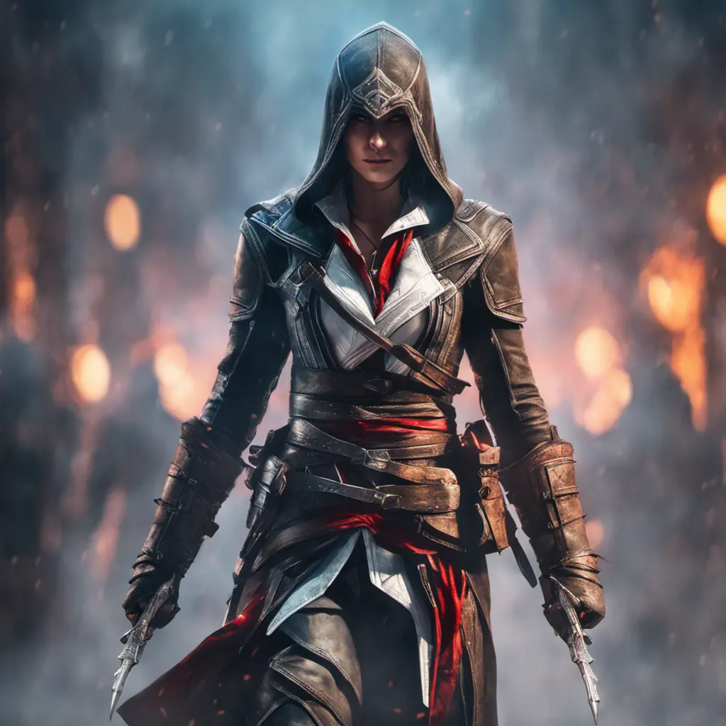 Assassin's Creed female assassin emerging from the fog of battle, 8k, Bokeh effect, Volumetric Lighting, Vibrant Colors, Fantasy, Dark by Stanley Artgerm Lau, Stefan Kostic