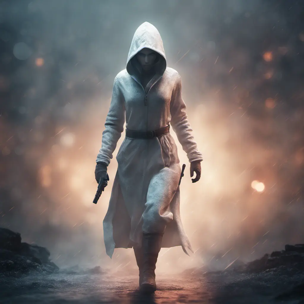 White hooded female assassin emerging from the fog of war, 8k, Bokeh effect, Volumetric Lighting, Vibrant Colors, Fantasy, Dark by Andy Fairhurst